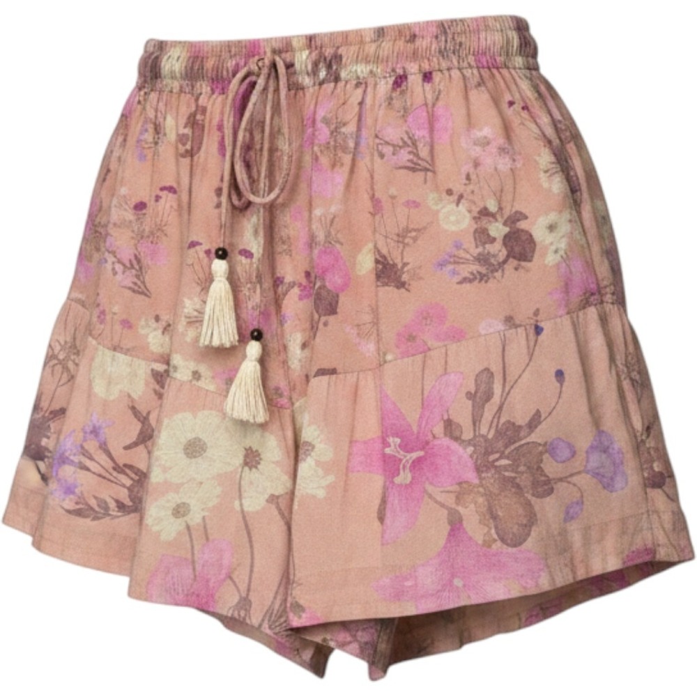 Spell & The Gypsy Collective Floral Tassel Boho Ruffle Shorts Pink Peach XS